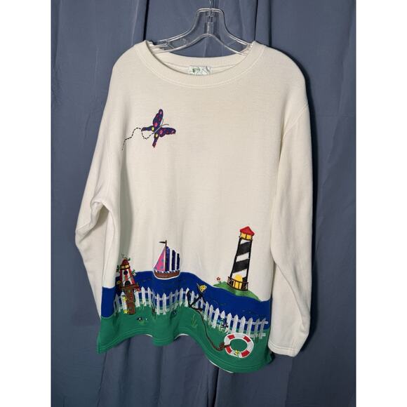 quacker factory nautical lighthouse shirt women’s. sailboat seaside embroidered - Picture 1 of 5